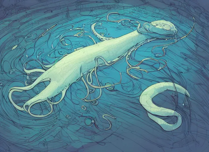 Prompt: a study of cell shaded cartoon of a giant squid underwater, road, illustration, wide shot, subtle colors, post grunge, concept art by josan gonzales and wlop, by james jean, Victo ngai, David Rubín, Mike Mignola, Laurie Greasley, highly detailed, sharp focus, alien, Trending on Artstation, HQ, deviantart, art by artgem