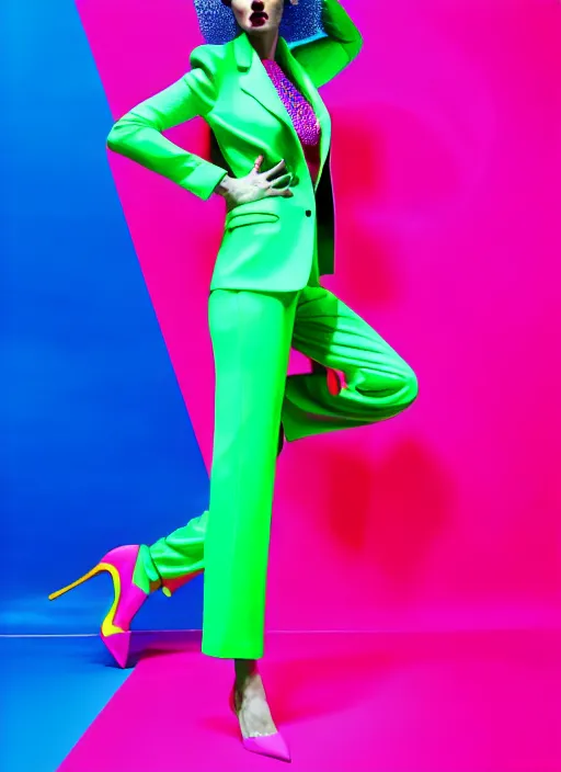 Image similar to bright trouser suit for a rave, bright colors, many details, prints, photo for a magazine, photo for a store, fashion photography, Vogue, 135 mm, cinematic, hyper realism, high detail, 8k, Two models in the frame, dynamic pose,Smooth skin, perfect face