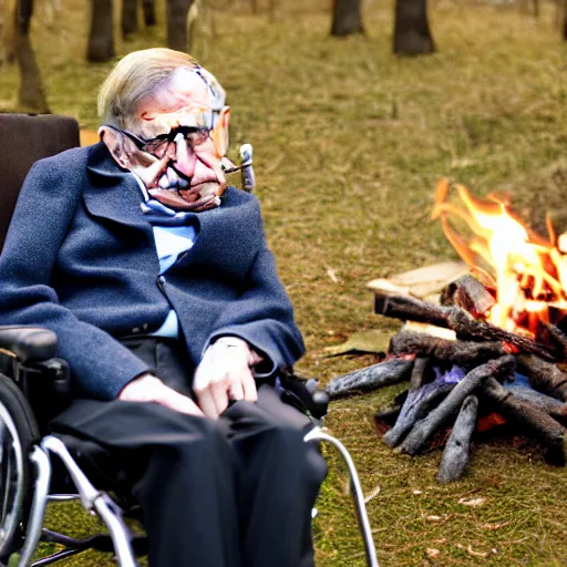 Image similar to stephen hawking next to a campfire, photography,