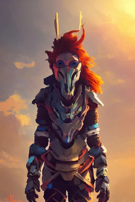 Image similar to combination suit armor aloy horizon forbidden west horizon zero dawn radiating a glowing aura global illumination ray tracing hdr fanart arstation by ian pesty and alena aenami artworks in 4 k tribal robot ninja mask helmet backpack