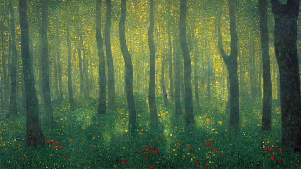 Image similar to A Gustav Klimt oil painting of a hauntingly beautiful elven forest in the morning; rays of light coming through the canopy; trending on artstation; extraordinary masterpiece!!!!!!; 8k