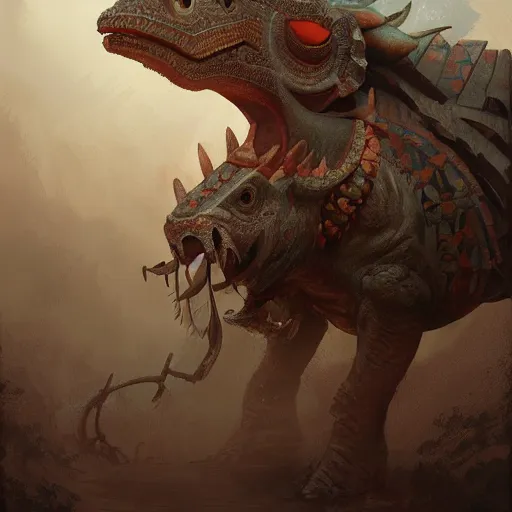 Image similar to triceratops with aztec headdress, greg rutkowski, digital illustration, concept art, dnd, face, fantasy, intricate, elegant, highly detailed, digital painting, artstation, full body, long shot, cinematic lighting