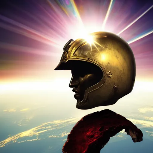 Image similar to a roman helmet flying in space with the earth in the background, sun flare.