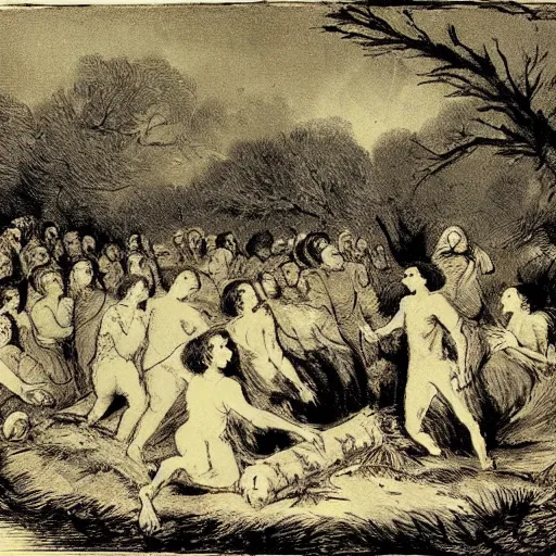 Image similar to goya forest with a cult performing a ritual with a bonfire where a goat flies