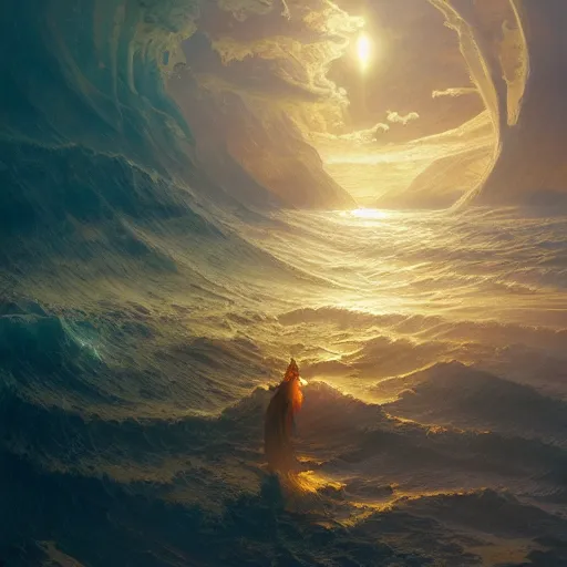 Image similar to an ocean of dreams, symetry, golden ratio, intricate, detailed, volumetric lighting, scenery, digital painting, highly detailed, artstation, sharp focus, illustration, artstation, art by artgerm and greg rutkowski and alphonse mucha