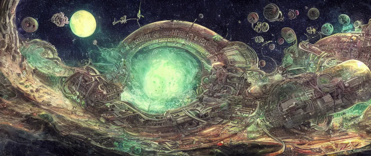 Prompt: a utopian city resting on the tongue of yog-soggoth as he slumbers curled around a wormhole in outer space