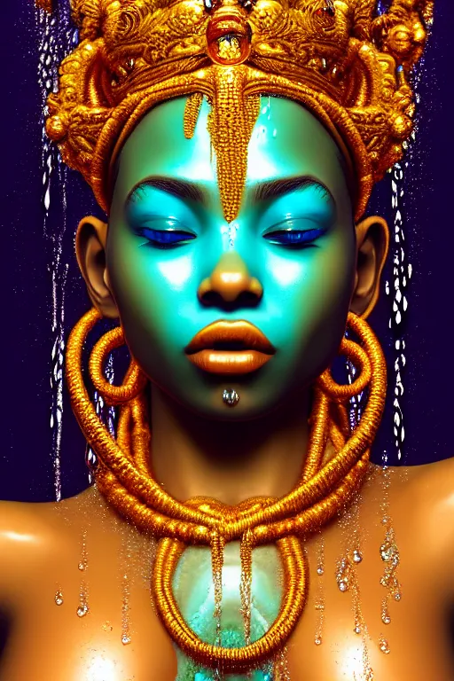 Image similar to hyperrealistic cinematic super expressive! oshun goddess immersed in water!, droplets dripping, gold ornate body jewely, highly detailed face, digital art masterpiece, smooth eric zener cam de leon, dramatic pearlescent turquoise light on one side, low angle uhd 8 k, shallow depth of field