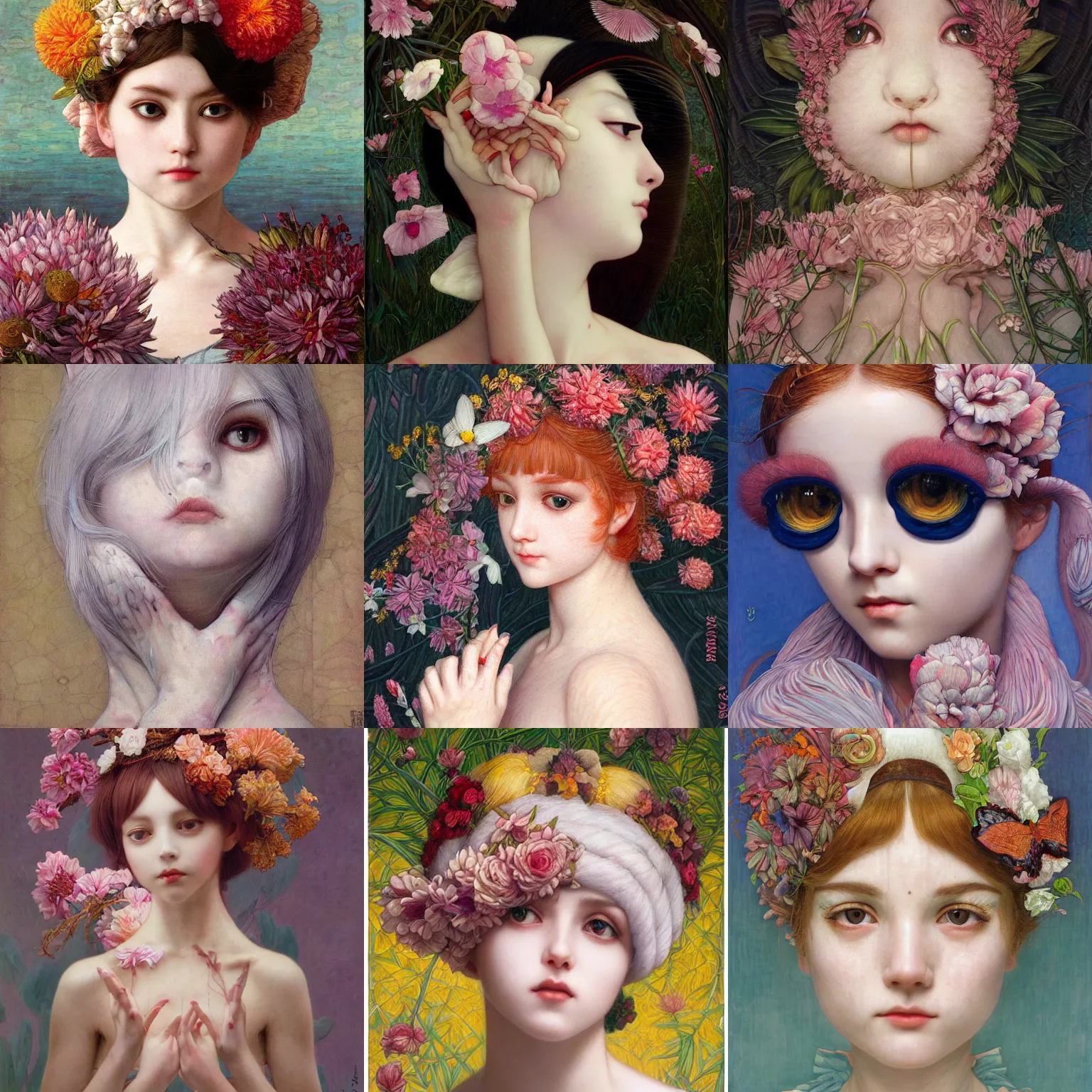 Image similar to white cat girl, botanical, portrait face, colorful, frantisek kupka, intricate, miles johnston, kuroda seiki, cynical realism, ozabu, john william godward, painterly, yoshitaka amano, moebius, miles johnston, louise zhang, james jean, mark ryden lowbrow pop surrealism art style