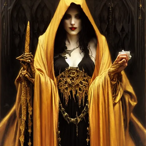 Image similar to full body portrait of a hooded beautiful vampire queen in gold gothic robes sitting on a throne of bones, elegant, highly detailed painting by gaston bussiere, craig mullins, j. c. leyendecker, 8 k, mid shot