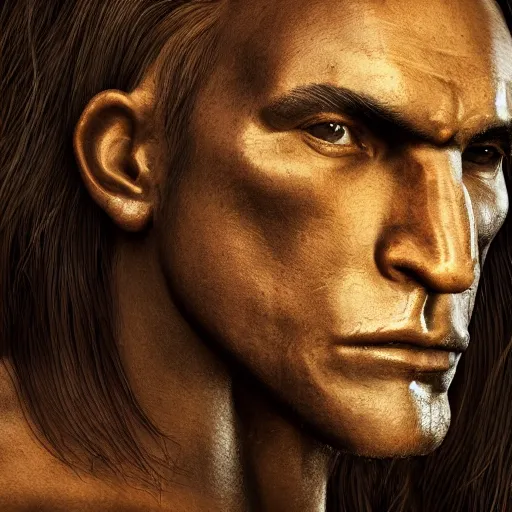 Prompt: portrait close up of a man with a very square and large jaw, his face lines are harsh, he he is shaved but long black hair, he looks like a cave man bronze, soft lighting, rough lines, matte painting