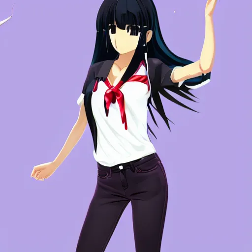 Image similar to brown skin anime girl using white and red tight raglan sleeves, tight blue jeans and cool shoes, silky long black hair with bangs, in a tropical forest, artstation, ray tracing, soft shade, from genchin impact