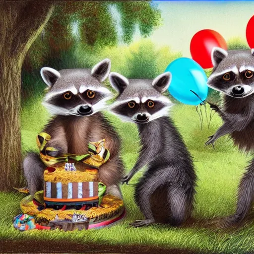 Prompt: three racoons having a cool birthday party, photo, highly detailed
