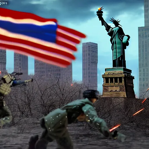 Prompt: The war between the Soviet Union and America, the action takes place in New York, far away against the background of the Statue of Liberty, a lot of soldiers and military equipment, a lot of explosions and tracer bullets, a lot of ruins, a very epic battle, Super quality, HD, super detailed details, Retro futurism art