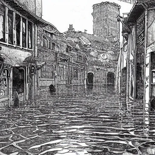 Image similar to water flowing through the streets in an old city, drawing by moebius