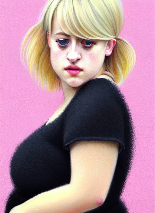 Image similar to full body portrait, teenage lili reinhart, blonde hair, obese, bangs, ponytail, sultry, realistic, sweater, fluffy bangs, fully clothed, curly bangs, fat, belly, intricate, elegant, highly detailed, digital painting, artstation, concept art, smooth, sharp focus, illustration, art by wlop, mars ravelo and greg rutkowski