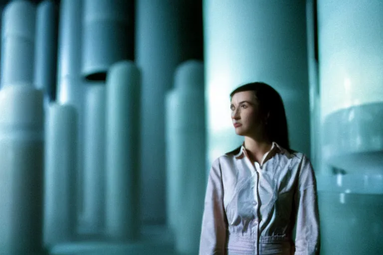 Image similar to backlit photograph of young woman standing in front of monolith radiating neutrinos in suburban living room, crisp focus, highly detailed, in roger deakins style, 3 5 mm ektachrome