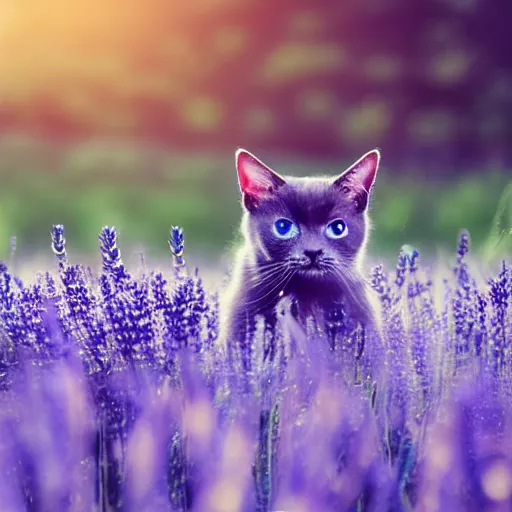 Prompt: glowing blue adorable cute cat in grassy field with forest in the background, incredibly cute, anime eyes, river, lavender growing nearby, cinematic lighting, high detail concept art, epic, award winning, 8 k
