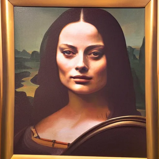 Image similar to painting of Margot Robbie posed in the style of ‘Leonardo Da Vinci's Mona Lisa’, hyperrealistic, moody lighting, golden hour