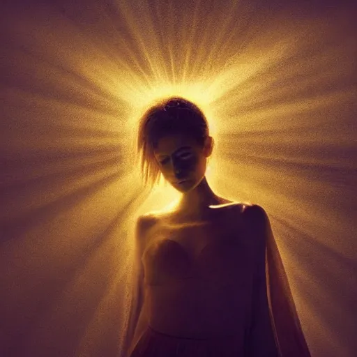 Image similar to dreamlike, portrait, goddess, golden shadows, light rays