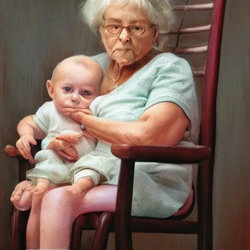 Image similar to hyper-realistic realistic realistic portrait where a very old grandmother appears sitting in a rocking chair. a 3-year-old baby girl appears sitting on the grandmother's leg