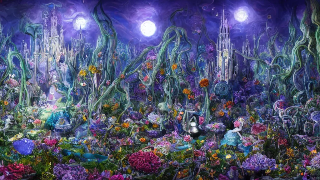 Image similar to a centered render of intricate modular synthesizer of alice in wonderland, shining its light across a tumultuous sea of flowers, undersea animals and gothic crystal church by dorothea tanning and salvador dali, trending on artstation, cyber punk, soft light color, unreal engine, high detailed, 8 k