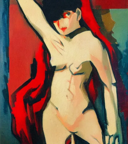 Prompt: david bomberg painting of an anime woman