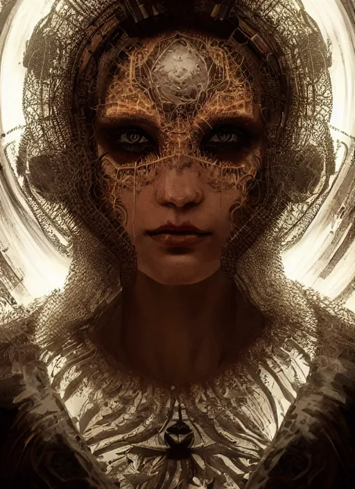 Image similar to portrait, queen of death, glowing halo, mandala, bokeh on background, dramatic lighting, cinematic, establishing shot, extremly high detail, foto realistic, cinematic lighting, post processed, concept art, artstation, matte painting, style by eddie mendoza, raphael lacoste, alex ross. 3d. octane render. by Tooth Wu and wlop and beeple and dan mumford