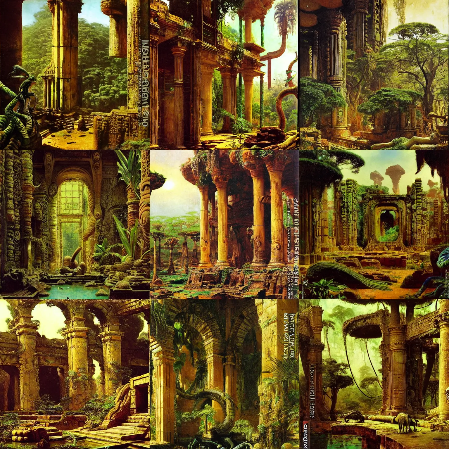 Prompt: asimov alien deep ancient jungle fantasy ruins flora fauna by rudolf ernst, john frederick lewis, jean - leon gerome, rudolf weisse, david roberts, charles theodore frere, alfred dehodencq, orientalism