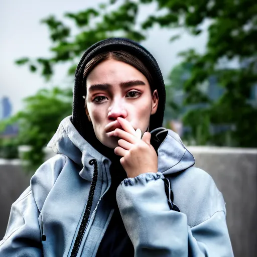 Image similar to candid photographic portrait of a poor techwear mixed young woman smoking inside a dystopian city, closeup, beautiful garden terraces in the background, sigma 85mm f/1.4, 4k, depth of field, high resolution, 4k, 8k, hd, full color