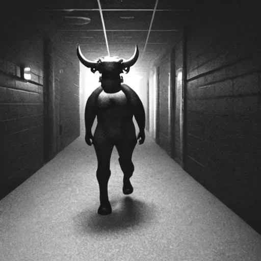 Prompt: hi - 8 night vision camera footage of a barely visible, bipedal minotaur with shrouded in darkness at the end of an extremely dark hallway