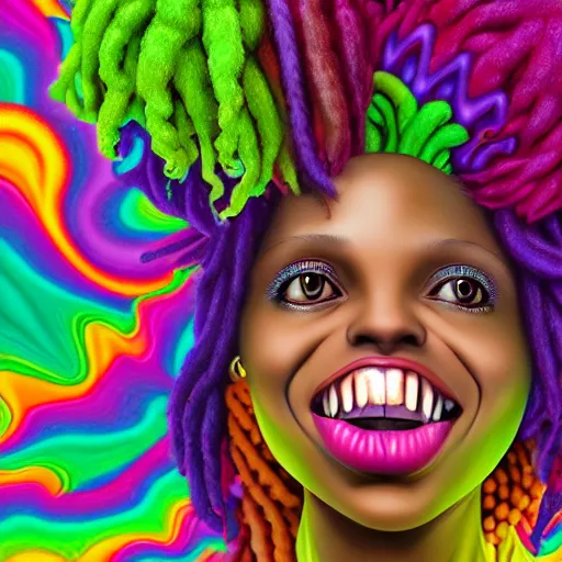 Image similar to a wide angle shot of a happy black girl with colorful dreadlocks in a field of candy, by Adi granov and afarin sajedi and amanda sage and evgeni gordiets and Agostino Arrivabene and adonna khare in a psychedelic portrait style, ultrarealistic matte painting, volumetric lighting, fractal, extremely symmetrical, highly detailed face, orisha, 8k, hd