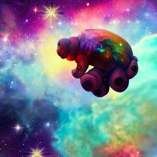 Prompt: a multicoloured tardigrade floating in a beautiful galaxy of stars and nebula, sci - fi, realistic, intricate, traditional media, high detail, artstation, 8 k resolution