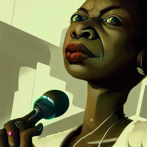 Prompt: Highly detailed portrait of a cyborg nina simone singing in a speakeasy unreal engine, fantasy art by lois van baarle, global illumination, detailed and intricate environment