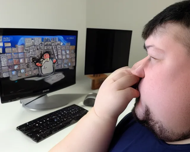 Image similar to gorgeous view of an ugly fat computer gamer with pimples and diseases all over its skin.