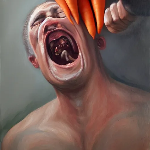 Image similar to horrified man screaming with open mouth and carrots protruding from his eyeballs, foggy atmosphere, oil painting