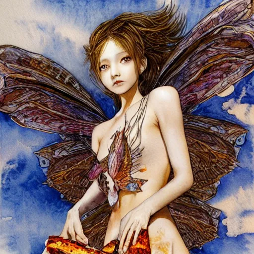 Image similar to fairy girl with wings made of pizza slices, watercolor, pen and ink, intricate line drawings, by Yoshitaka Amano, Ruan Jia, Kentaro Miura, Artgerm, detailed, trending on artstation, hd, masterpiece,