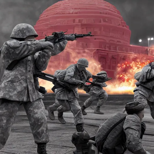 Image similar to The war between the Soviet Union and America, the action takes place in New York, far away against the background of the Statue of Liberty, a lot of soldiers and military equipment, a lot of explosions and tracer bullets, a lot of ruins, a very epic battle, The style of photography of the 80s, very detailed and detailed style