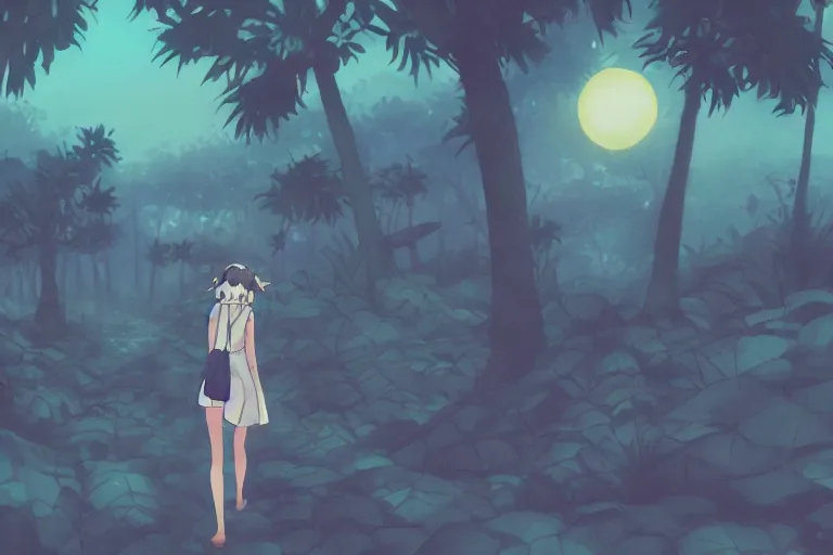 Prompt: anime woman walking, tropical island, night time, wide angle, by studio ghibli, yuumei, anime, hazy, foggy, ambient lighting, cottagecore,