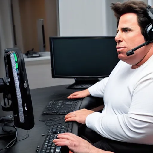 Prompt: obese John Travolta wearing a headset yelling at his monitor while playing WoW highly detailed wide angle lens 10:9 aspect ration award winning photography