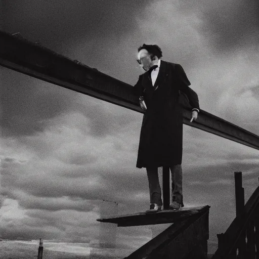 Image similar to Candid portrait photograph of Professor Moriarty about to jump off a bridge, taken by Annie Leibovitz