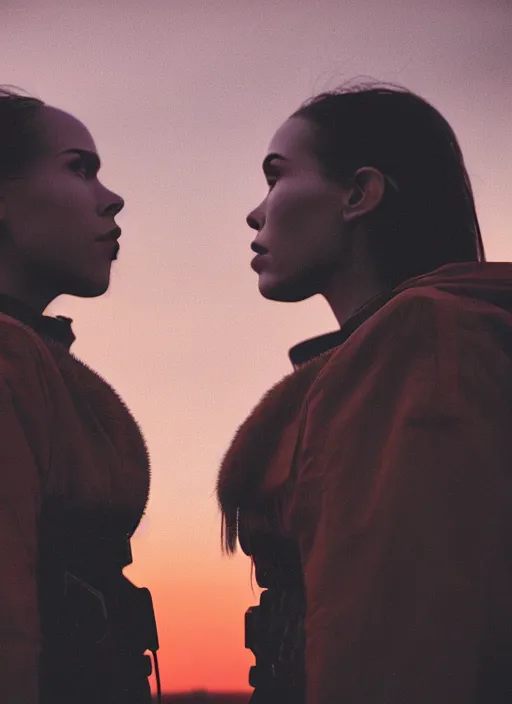 Prompt: cinestill 5 0 d photographic portrait of two loving female androids wearing rugged black techwear on a desolate plain with a red sky in front of a brutalist dark metal facility, extreme closeup, cyberpunk style, dust storm, 8 k, hd, high resolution, 3 5 mm, f / 3 2, ultra realistic faces, ex machina