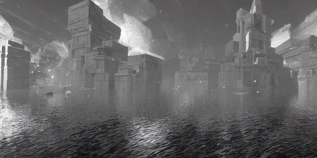 Image similar to floating water temple inside a void, kelly freas, unreal engine, high contrast