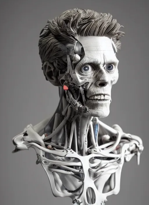 Image similar to a bust sculpture of anatomical detailed cyborg, willem dafoe, blue blood, become human, ceramic base, orthographic, studio lighting