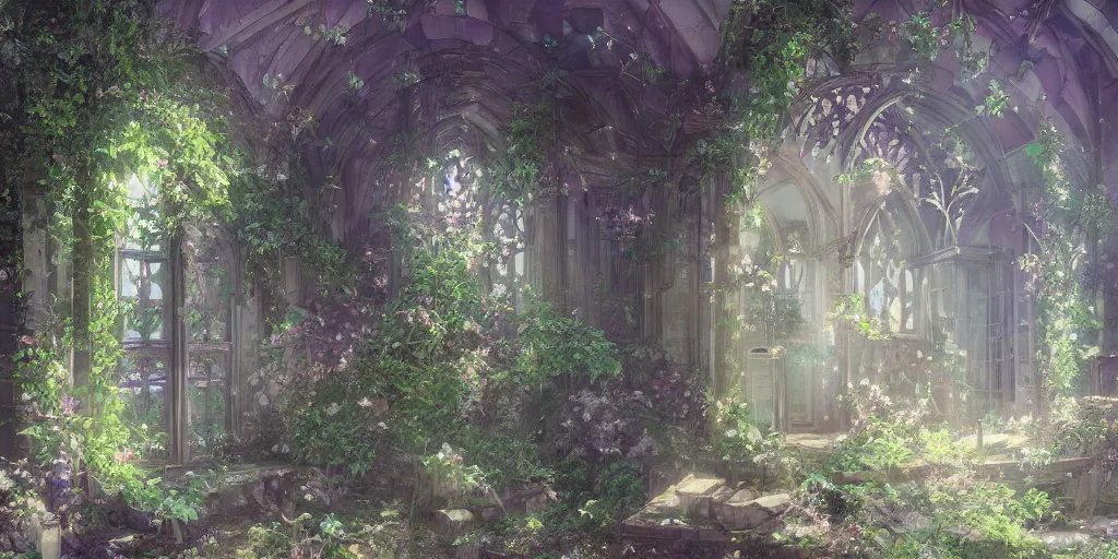 Image similar to anime kyoto animation key by greg rutkowski, violet evergarden in abandoned chapel with overgrown flowers and plants