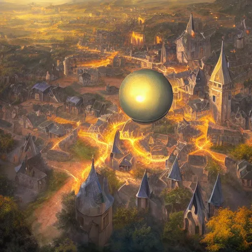Image similar to aerial view of a medieval town situated below a glowing orb hanging in the sky. by alan lee by peter mohrbacher, trending on artstation sharp focus vfx key shot