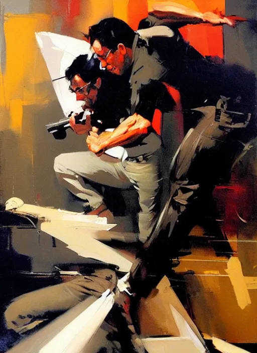 Prompt: lalo salamanca shooting howard hamlin, painting by phil hale, 'action lines'!!!, graphic style, visible brushstrokes, motion blur, blurry