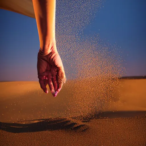 Image similar to Woman made out of sand sitting in desert at dusk and staring down at her hand as it slowly blows away into the wind. high quality, ultra detail, artistic lighting, artistic, award winning photo,