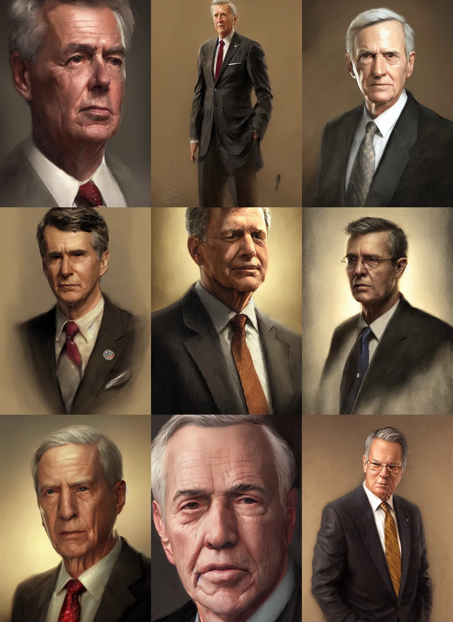Prompt: portrait of a 2 0 1 2 united states president. male from massachusetts, detailed face, 2 1 st century, highly detailed, cinematic lighting, digital art painting by greg rutkowski