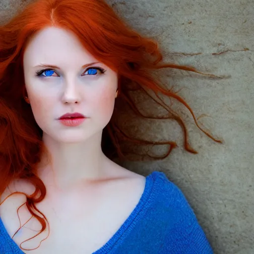 Prompt: young redheaded woman with blue eyes and detailed face