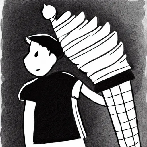 Image similar to a street artist cartoon sketch black and white chalk sketch of a boy wearing a baseball cap holding an ice cream cone